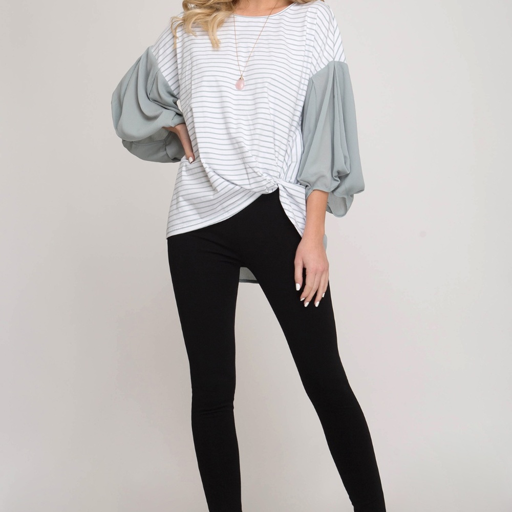 Slate striped 3/4 balloon sleeve with side tie